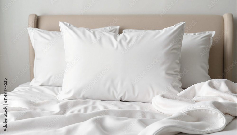 Cozy bedroom with fresh white bedding and plush pillows on a neatly made bed Cozy bedroom with fresh white bedding and plush pillows on a neatly made bed