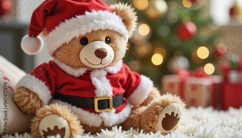 Adorable teddy bear in a Santa costume with a festive background of Christmas decorations