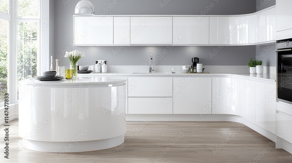 Modern white kitchen with curved island, high gloss cabinets, wooden floors, and natural light. Modern white kitchen with curved island, high gloss cabinets, wooden floors, and natural light.