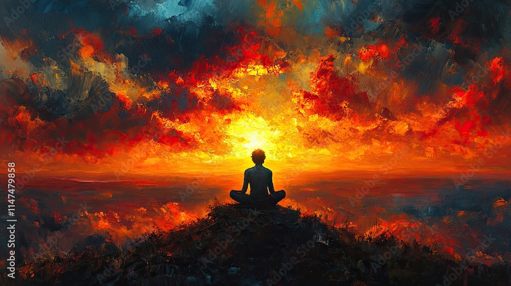 Sunset meditation on a hilltop with vibrant colors illuminating the evening sky. Oil painting.
Sunset meditation on a hilltop with vibrant colors illuminating the evening sky. Oil painting.