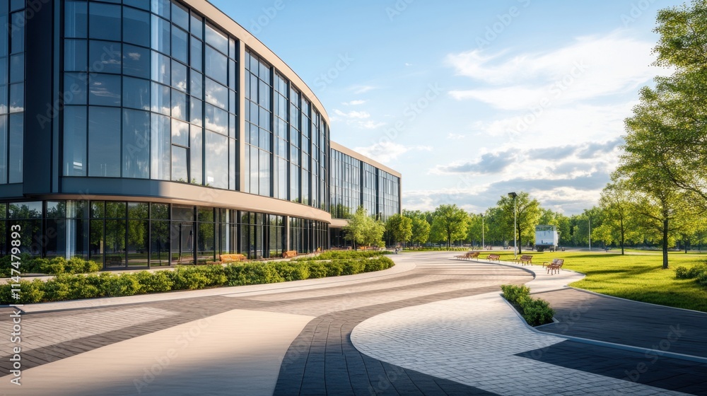 Modern glass office building with landscaped grounds and walkways. Modern glass office building with landscaped grounds and walkways.