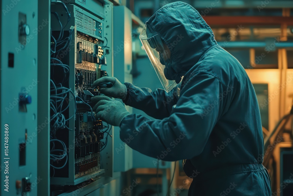 A factory electrician in protective gear, standing next to an open electrical control panel, securing cables and tightening the fuse box with a screwdriver, ensuring all connections are stable. A factory electrician in protective gear, standing next to an open electrical control panel, securing cables and tightening the fuse box with a screwdriver, ensuring all connections are stable.