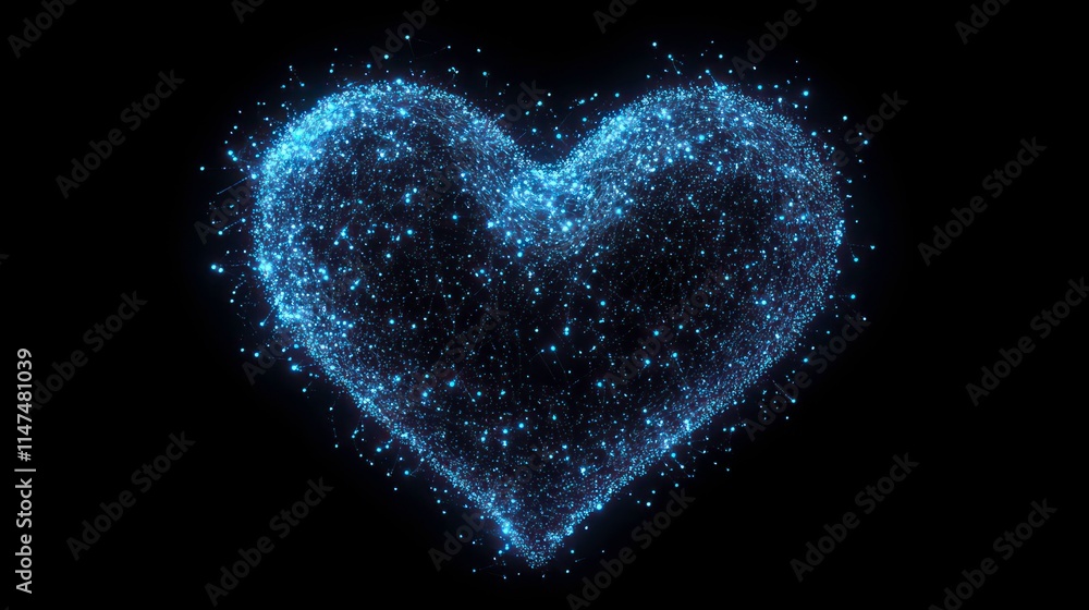 Glowing blue heart shape formed by particles on black background. Glowing blue heart shape formed by particles on black background.