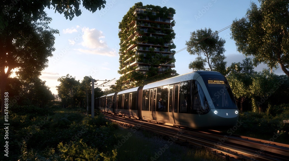 Obraz premium Sustainable Cityscape: Eco-Friendly Tram and Vertical Green Building at Sunset