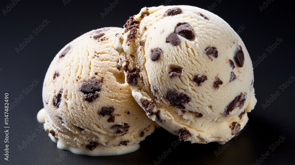 Two scoops of creamy vanilla ice cream with chocolate chips, melting slightly on a dark surface. Two scoops of creamy vanilla ice cream with chocolate chips, melting slightly on a dark surface.