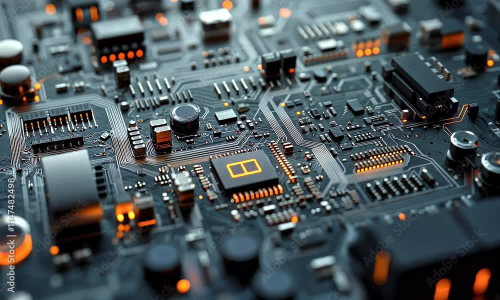 A close-up view of a detailed circuit board with glowing elements and intricate connections.