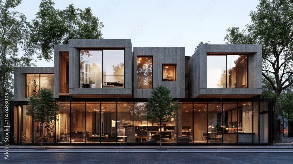 Modern concrete house with large windows, showcasing interior design at twilight. Modern concrete house with large windows, showcasing interior design at twilight.