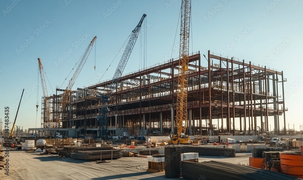 A construction site featuring a large steel framework and cranes. A construction site featuring a large steel framework and cranes.