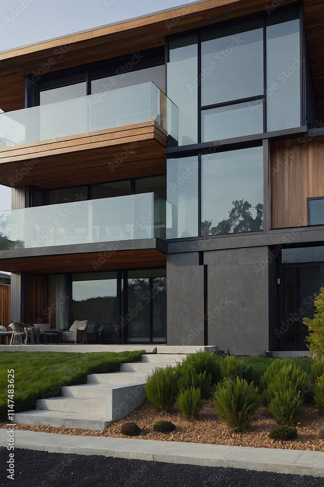 Fototapeta premium Contemporary two-story home with wood and dark gray siding. Features large windows, glass balconies, and landscaping. Steps lead from the lawn to the entrance.