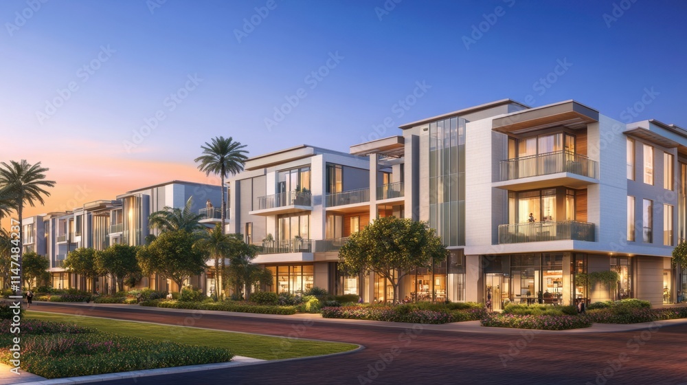 Modern luxury apartment buildings at dusk. Modern luxury apartment buildings at dusk.