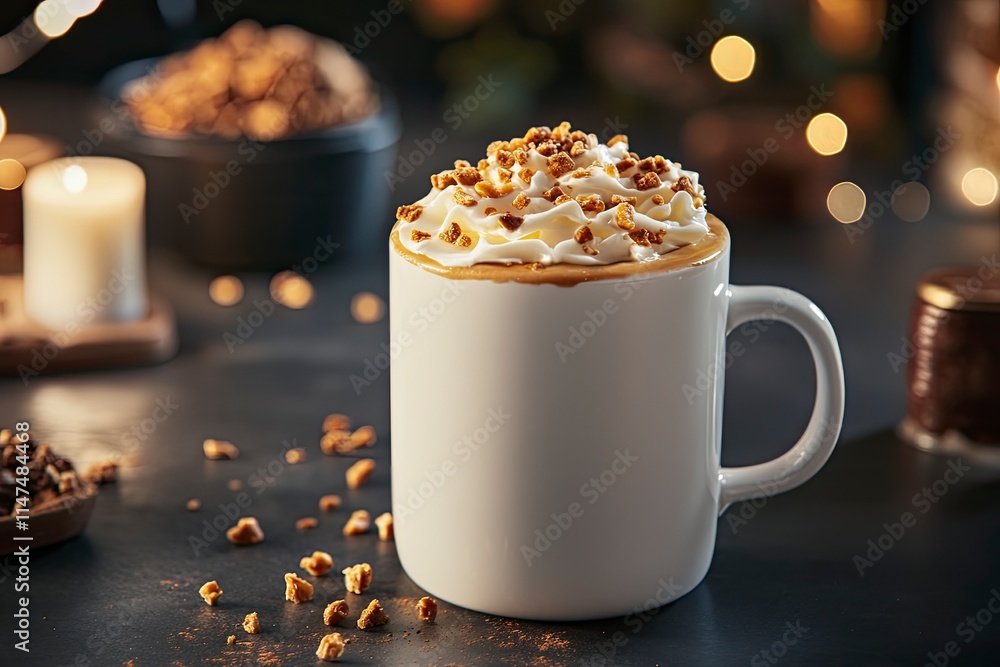 Latte in a white mug on a dark table with whipped cream and toffee bits on top, oblique view Latte in a white mug on a dark table with whipped cream and toffee bits on top, oblique view