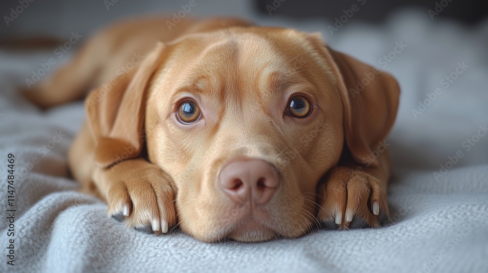 Adorable Dog Relaxing on Cozy Blanket with Loving Eyes Adorable Dog Relaxing on Cozy Blanket with Loving Eyes