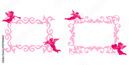 swirls vintage valentine frame with cupid and hearts decoration, for Love wedding and Valentine's day concept romance vector