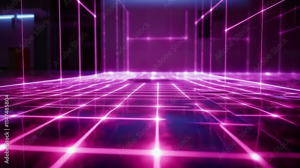 Abstract neon grid floor and walls in pink and purple, glowing lines, futuristic digital space. Abstract neon grid floor and walls in pink and purple, glowing lines, futuristic digital space.