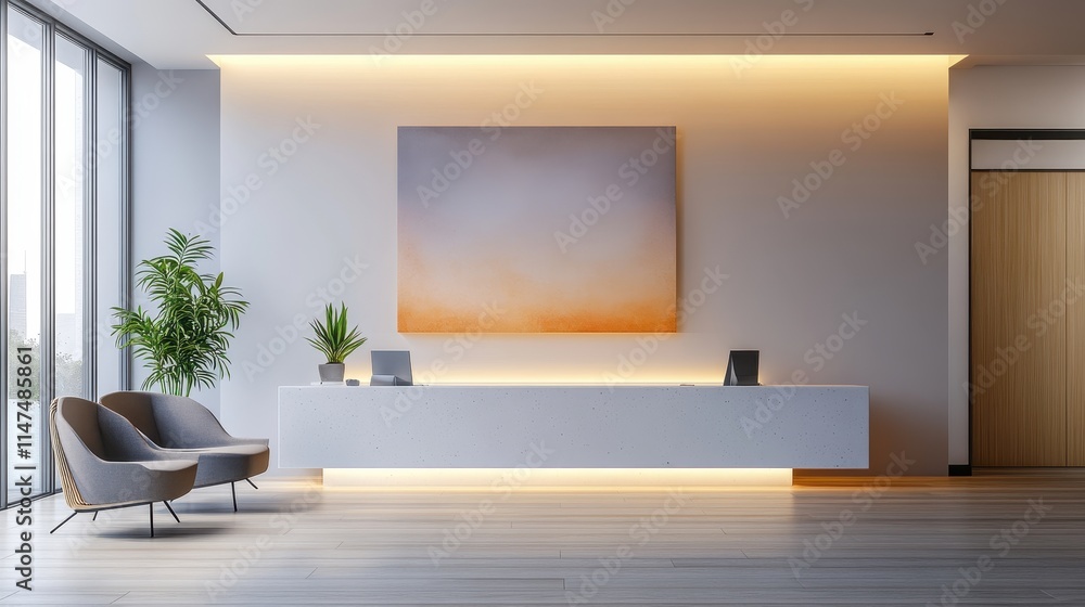 Modern minimalist office reception area with sleek furniture and artwork. Ideal for corporate, business, or real estate websites showcasing professional spaces. Modern minimalist office reception area with sleek furniture and artwork. Ideal for corporate, business, or real estate websites showcasing professional spaces.
