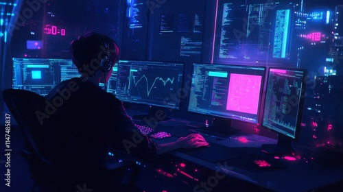 Wallpaper Mural Team of Professional Computer Data Science Engineers Work on Desktops with Screens Showing Charts, Graphs, Infographics, Technical Business Data and Statistics. Dark Control and Monitoring Room. Torontodigital.ca