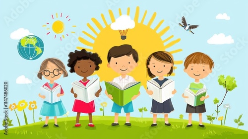Five children of different ethnicities stand on a hill, smiling and reading books. The sun shines behind them with an idea bulb in the middle.