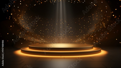 Illuminated circular stage with golden particles and spotlight.