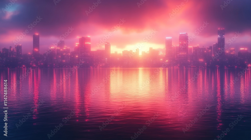 Pink city skyline reflected in calm water. Pink city skyline reflected in calm water.