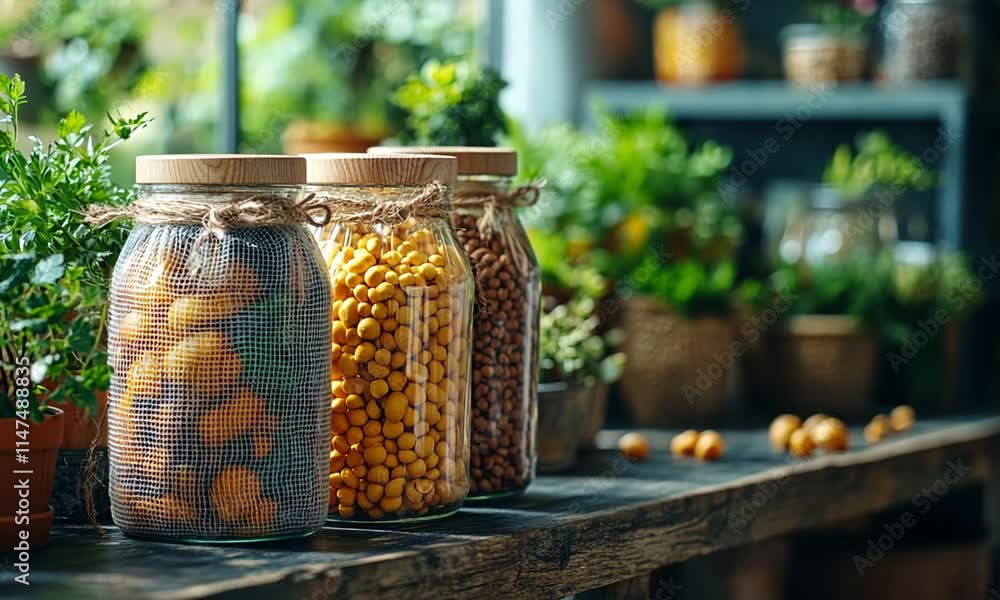 Jars filled with legumes and grains on a rustic wooden table. Jars filled with legumes and grains on a rustic wooden table.