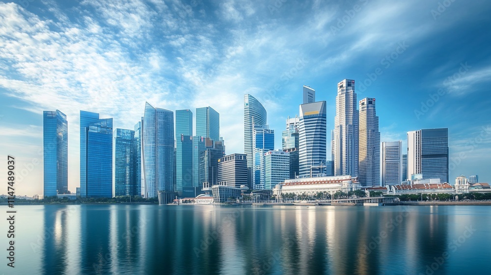 A modern skyline reflecting on water under a clear blue sky. A modern skyline reflecting on water under a clear blue sky.