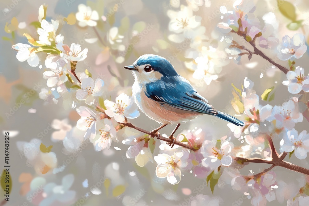 Little bird perching on branch with white flowers of blossom cherry tree. The blue tit. Spring background Little bird perching on branch with white flowers of blossom cherry tree. The blue tit. Spring background