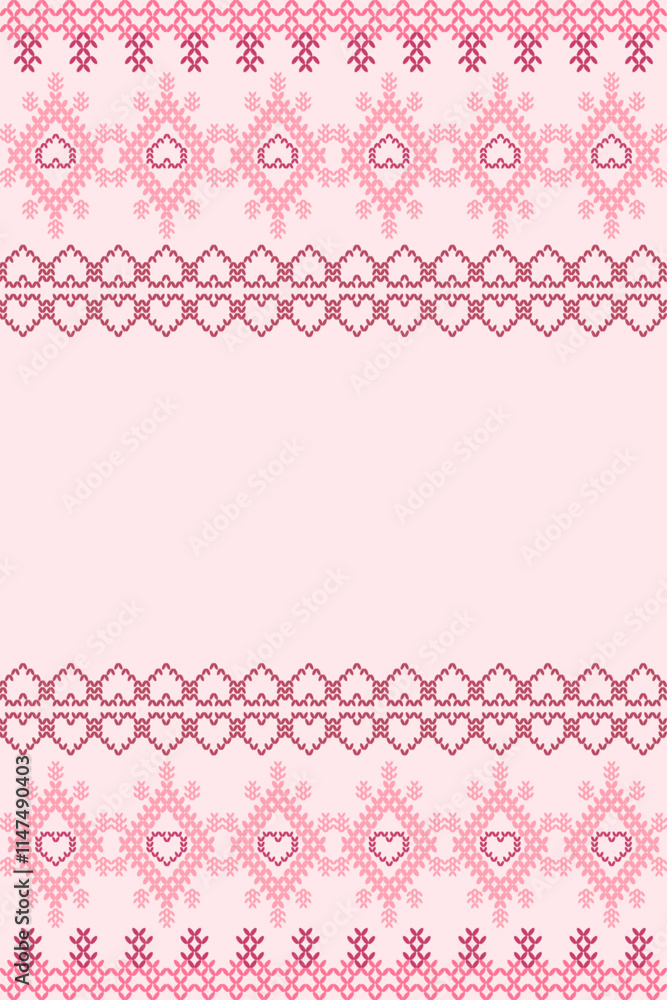 Ikat cross stitch geometric embroidery seamless knitted pattern on damask background. Perfect decorative design for sweater, fabric, decoration, illustration, ornament, texture, textile, interior Ikat cross stitch geometric embroidery seamless knitted pattern on damask background. Perfect decorative design for sweater, fabric, decoration, illustration, ornament, texture, textile, interior