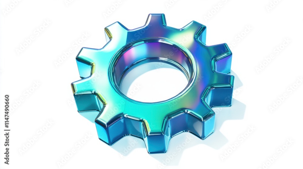 A detailed 3D gear icon in iridescent tones, blending blue and green hues with reflective details, floating against white A detailed 3D gear icon in iridescent tones, blending blue and green hues with reflective details, floating against white