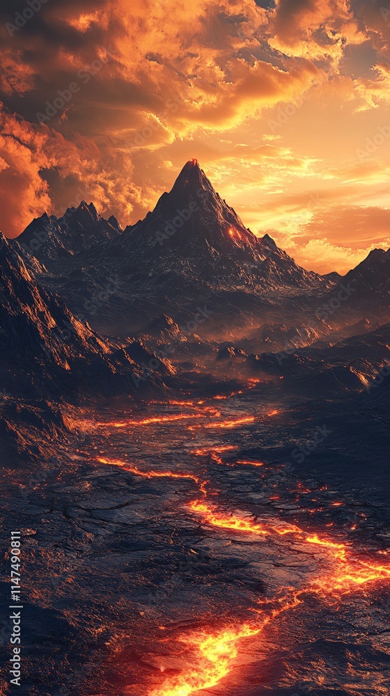 Fototapeta premium A dramatic volcanic landscape at sunset with lava flow.