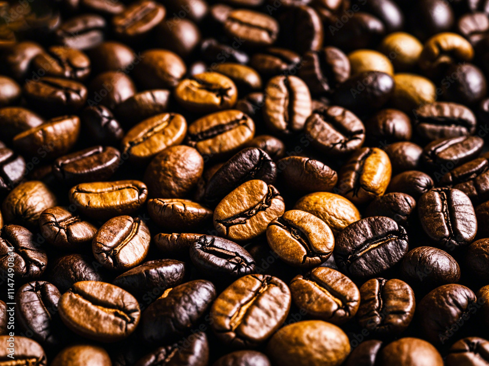 Obraz premium Assorted coffee beans, including light roasted and dark roasted varieties, arranged in a textured background 