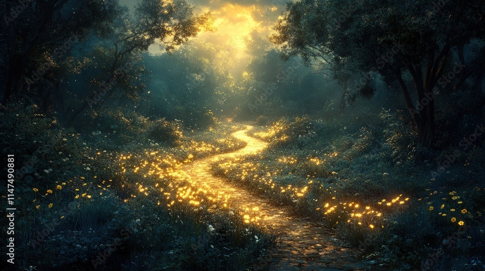 Fototapeta premium Enchanted forest path, glowing flowers, magical scene.