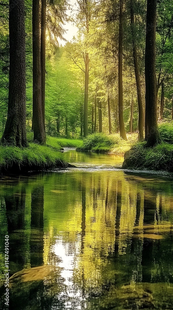 A serene forest landscape with a reflective stream and lush greenery. A serene forest landscape with a reflective stream and lush greenery.