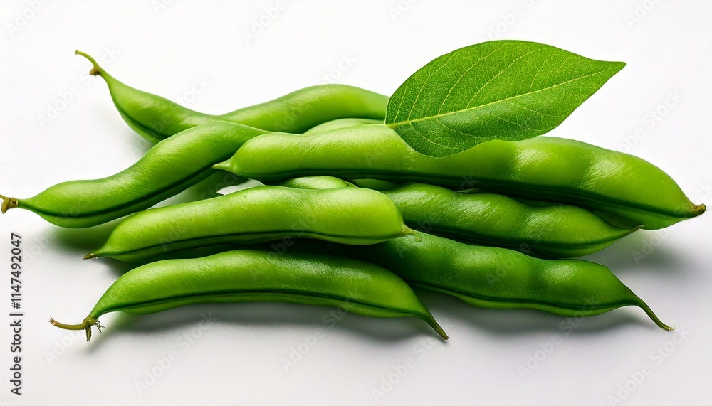 the sweet green beans with a single green leaf on a white background the sweet green beans with a single green leaf on a white background