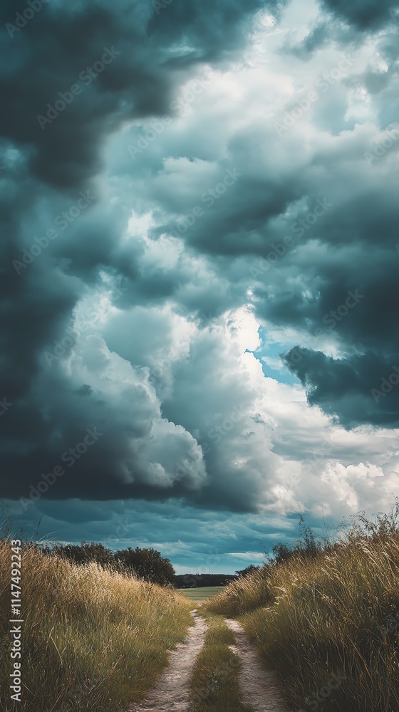 Dramatic clouds loom over a secluded pathway through tall grass. Dramatic clouds loom over a secluded pathway through tall grass.