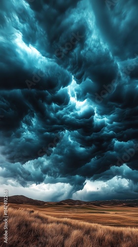 Dramatic storm clouds gather over a vast open landscape. photo