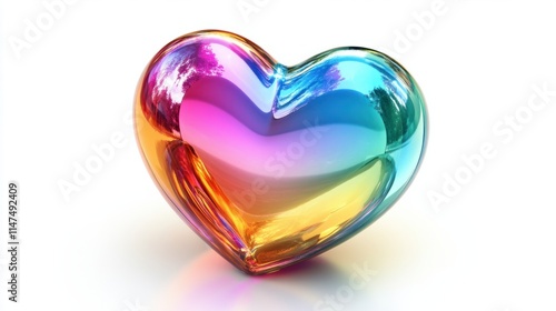 A glossy 3D heart icon in shimmering rainbow gradient colors, with realistic reflections, isolated on white