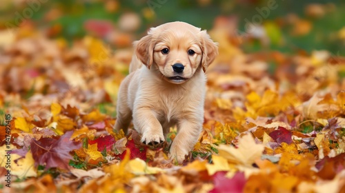 Adorable golden retriever puppy running through autumn leaves.