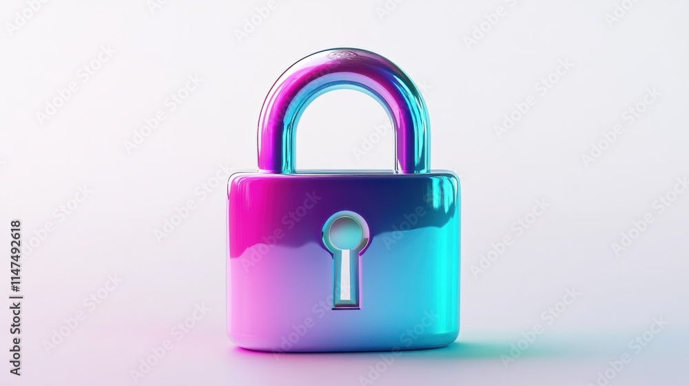 A glossy 3D lock icon with gradient colors transitioning from purple to teal, rendered with smooth and reflective textures, on white A glossy 3D lock icon with gradient colors transitioning from purple to teal, rendered with smooth and reflective textures, on white