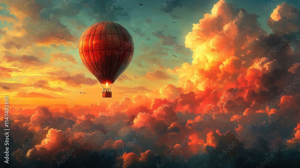 Fototapeta premium Hot air balloon ascends, fiery sunset clouds.