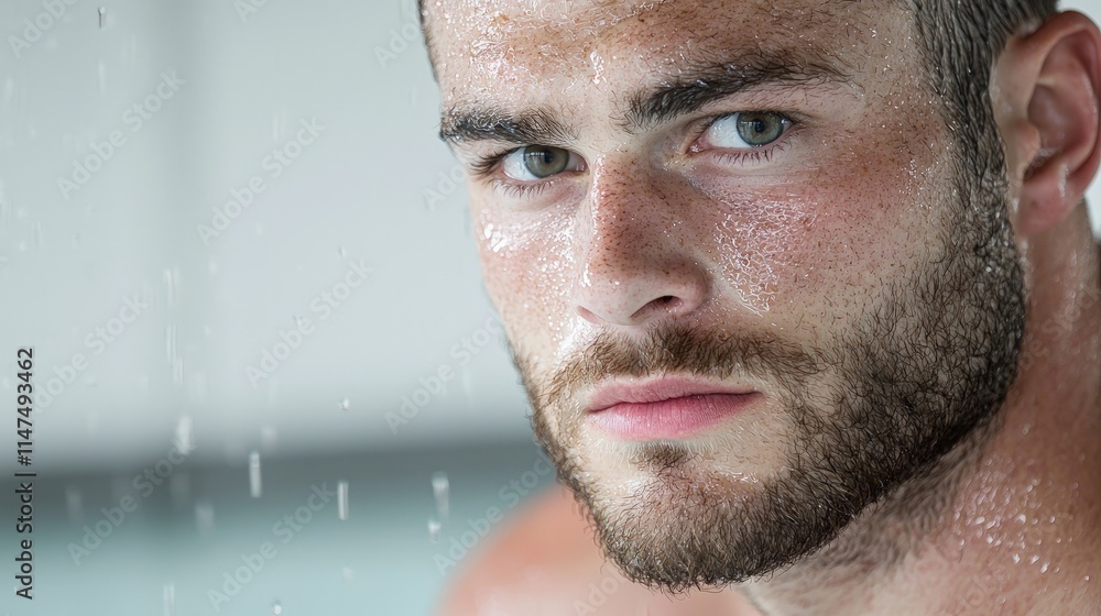 Close-up portrait of a young man with water droplets on his face, intense gaze. Close-up portrait of a young man with water droplets on his face, intense gaze.