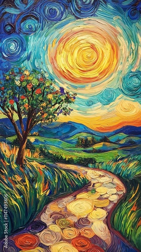 Vibrant landscape painting featuring a sunlit pathway.