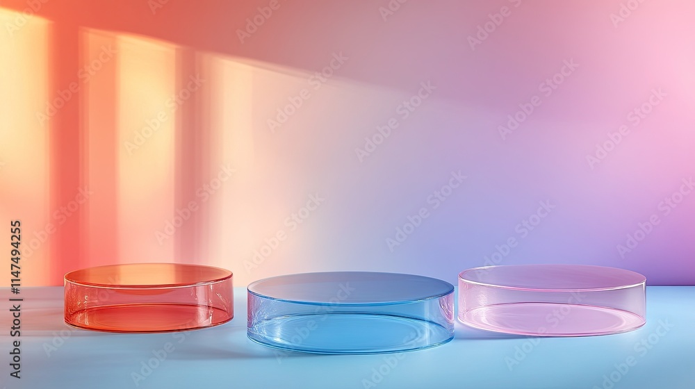 Transparent circular glass podium set against a pastel blue and pink gradient background, perfect for minimalist product displays or luxury branding . Transparent circular glass podium set against a pastel blue and pink gradient background, perfect for minimalist product displays or luxury branding .