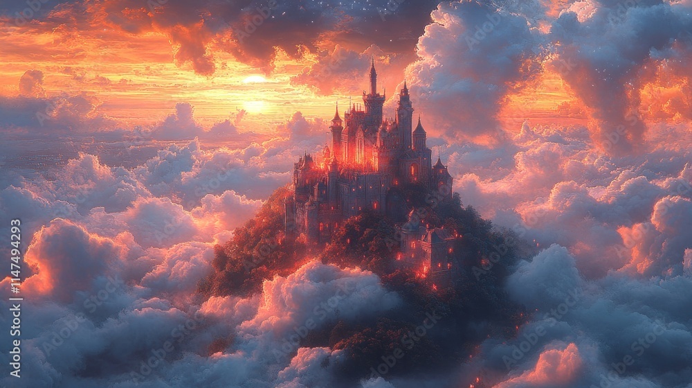 Sunset castle sits atop clouds, glowing. Sunset castle sits atop clouds, glowing.