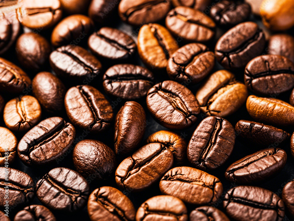 Obraz premium Assorted coffee beans, including light roasted and dark roasted varieties, arranged in a textured background 