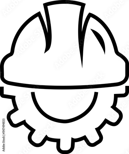 Helmet and gear icons. Workwear, helmet construction and cogwheel. Safety and protection, engineer. Construction helmet with gear, vector.Helmet sign and symbol. Construction helmet icon.