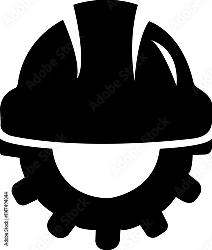 Helmet and gear icons. Workwear, helmet construction and cogwheel. Safety and protection, engineer. Construction helmet with gear, vector.Helmet sign and symbol. Construction helmet icon.