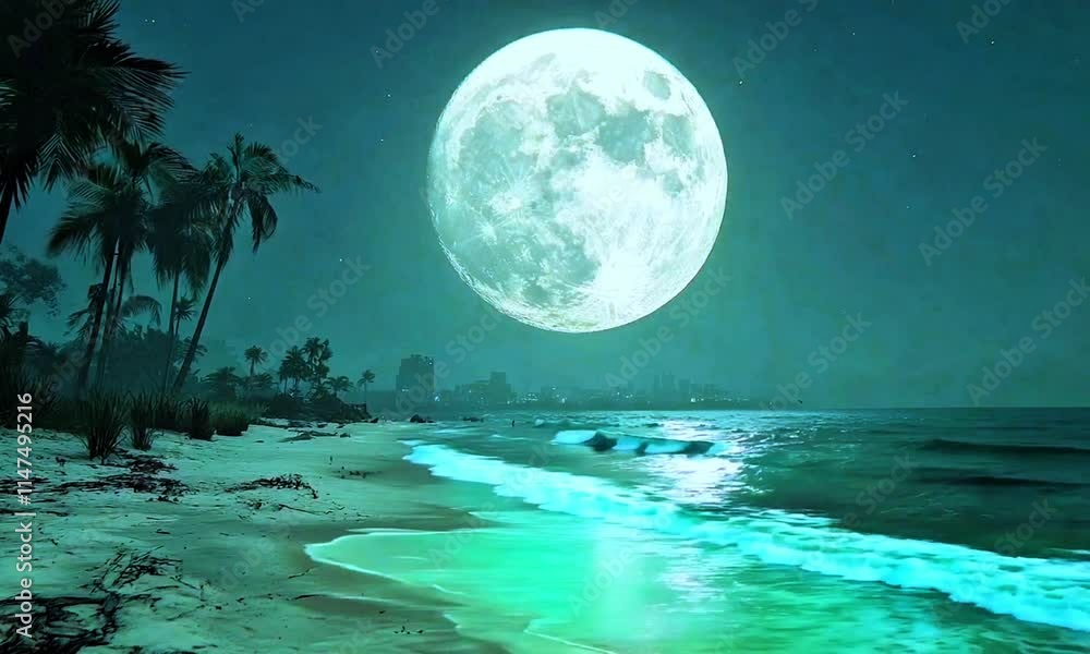 A serene night beach scene illuminated by a full moon reflecting on the ocean waves with silhouettes of palm trees. Perfect for themes of moon, beach, night, ocean, nature, tranquility, and beauty.
A serene night beach scene illuminated by a full moon reflecting on the ocean waves with silhouettes of palm trees. Perfect for themes of moon, beach, night, ocean, nature, tranquility, and beauty.