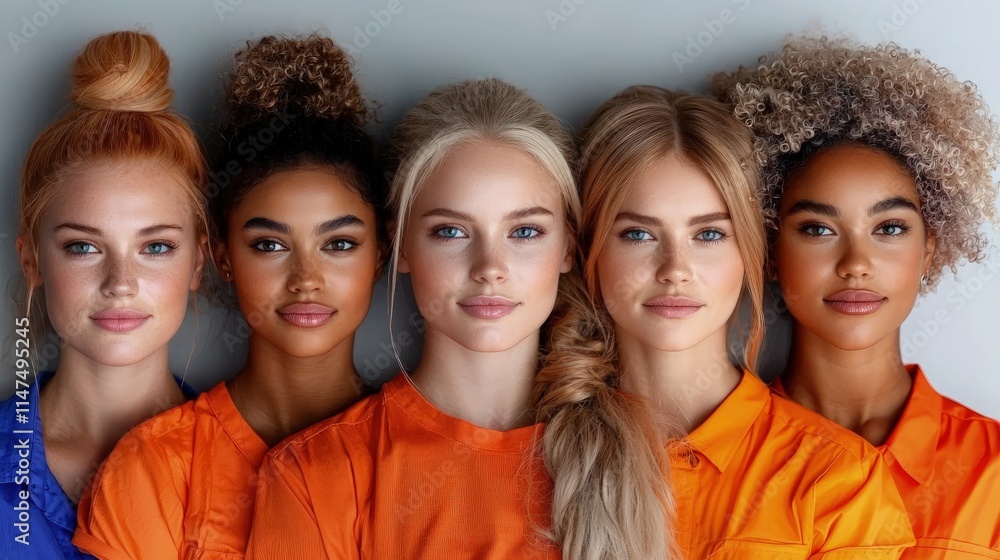 Fototapeta premium Portrait of five diverse young women with different hairstyles and skin tones posing together against a neutral grey background.