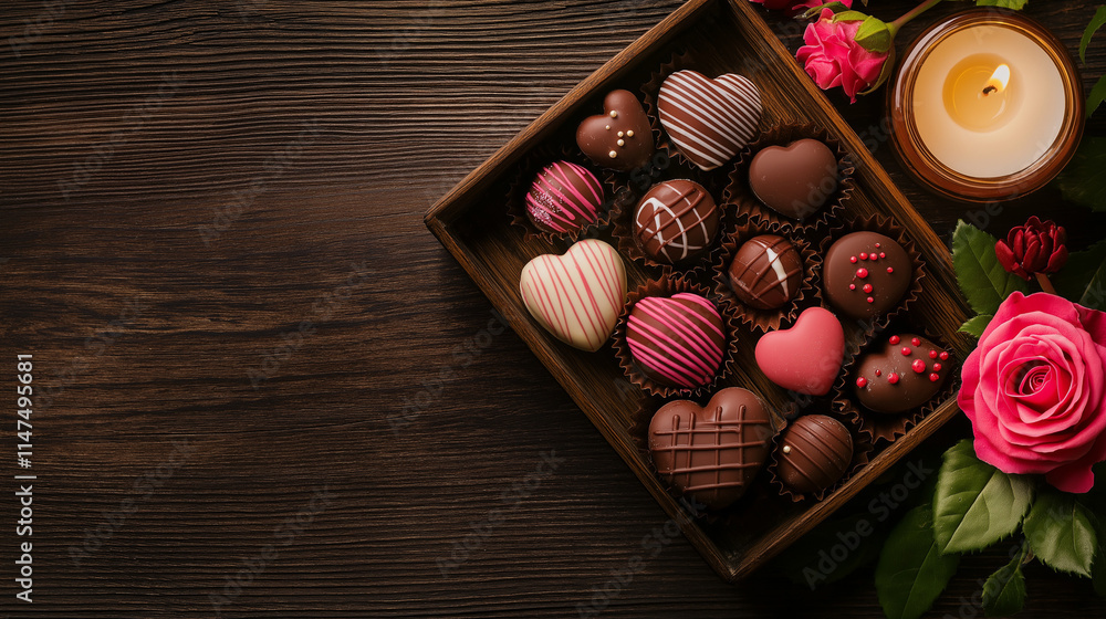 Fototapeta premium Romantic Chocolate Treats: A close-up of a wooden box filled with decadent heart-shaped chocolates, adorned with a single pink rose and a lit candle.