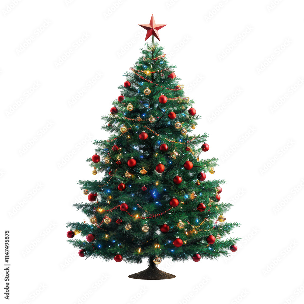 Christmas Tree with a Shiny Red Glow Star on Top and Presents Isolated on Transparent or White Background, PNG Christmas Tree with a Shiny Red Glow Star on Top and Presents Isolated on Transparent or White Background, PNG